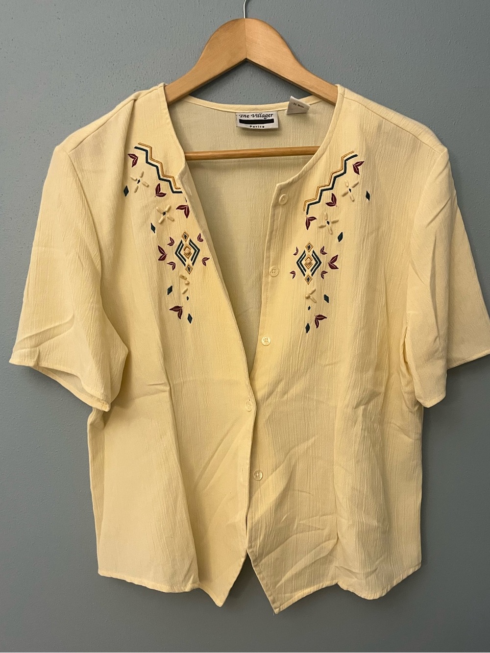 Vintage The Villager Short-Sleeve Button-Down Top with Embroidery